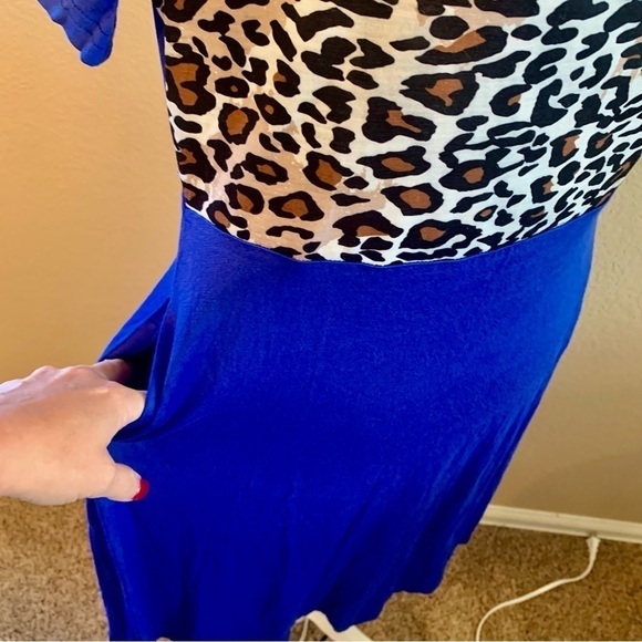 NWT Mini Dress Large Bikatu Royal Blue Animal Panel Asymmetrical Shoulders - Picture 6 of 14